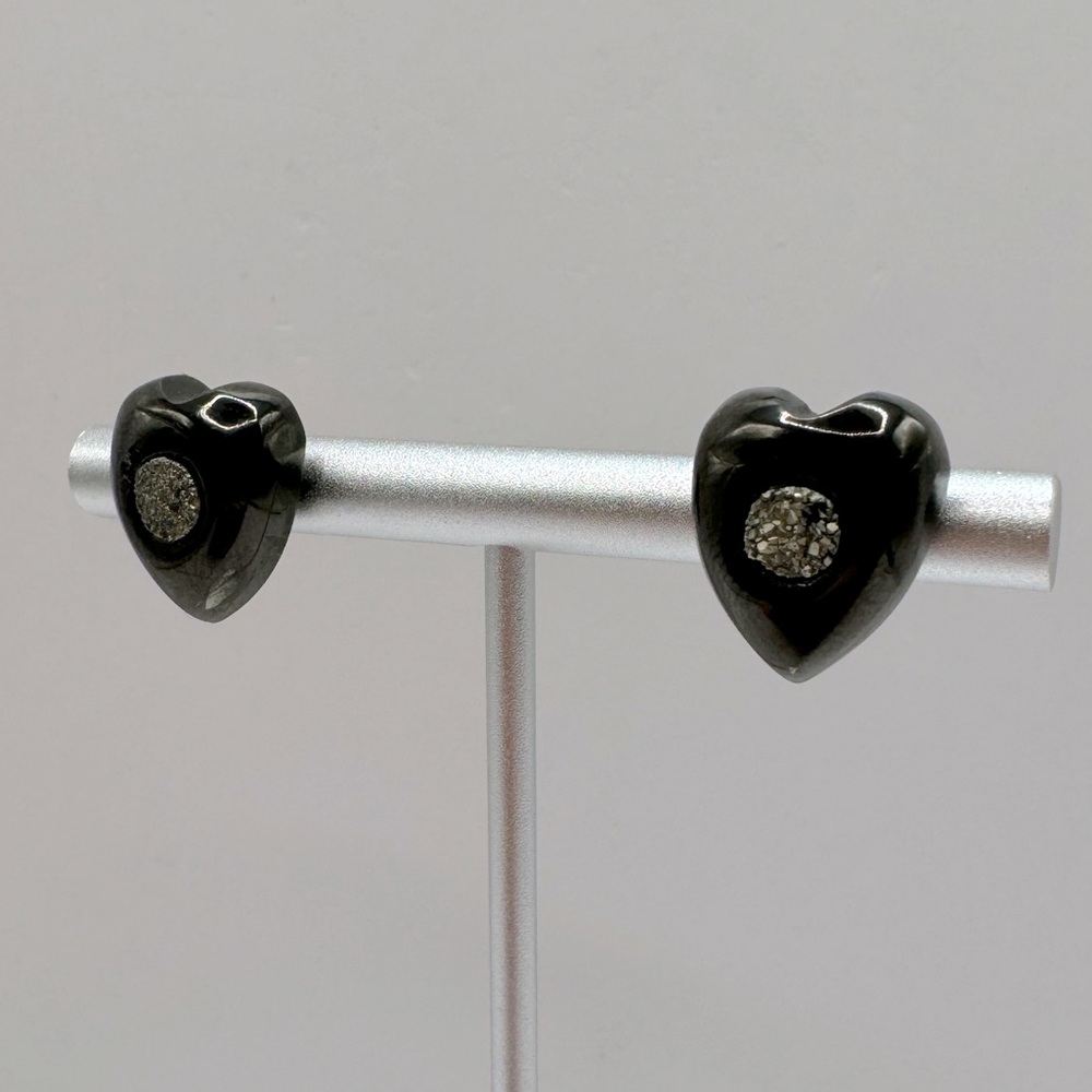 VINTAGE Pyrite & Faux Hematite Heart Earrings